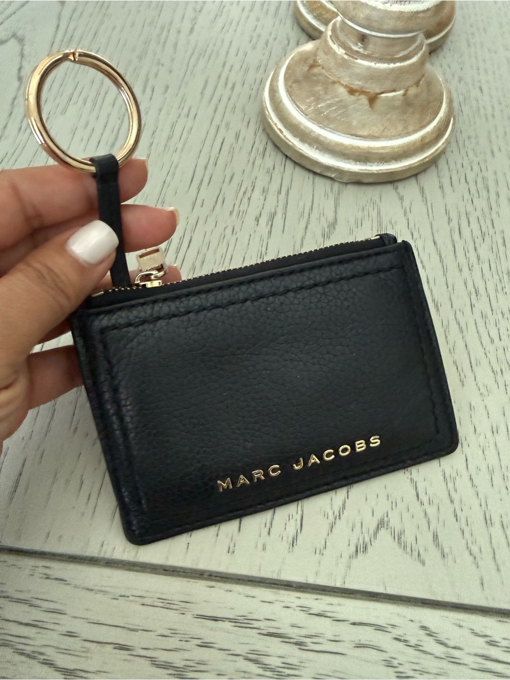 Marc Jacobs Black Leather Zip Card Holder with Gold Keyring